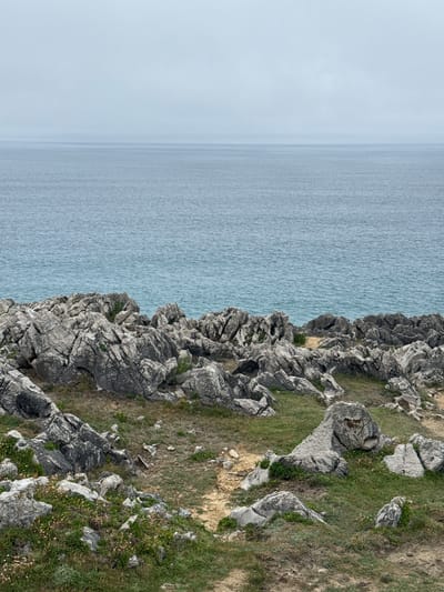The image depicts a rocky coastline with the sea stretching towards the horizon. The foreground is dominated by rough, grey rocks with patches of green grass and small, light-colored flowers growing in between. A narrow dirt path winds through the rocks. In the background, the tranquil blue sea meets a hazy, pale sky. The scene is devoid of any people or man-made structures, suggesting a natural, untouched landscape. This vista is characteristic of the rugged coastal areas near Llanes, Spain, likely a section of the dramatic cliffs and beaches that define the region's natural beauty.