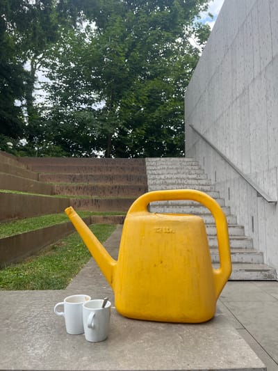This image depicts an outdoor scene in Cologny, Switzerland, likely on the grounds of an architectural site. In the foreground, a bright yellow watering can rests on a concrete surface. To the left of the watering can are two white ceramic mugs. One mug is slightly smaller than the other and contains a spoon. Behind the watering can and mugs, a set of concrete stairs ascends to the right, bordered by a textured gray wall. To the left of the stairs, tiered seating made of weathered metal and grass is visible. Lush green trees form a dense canopy in the background, with patches of sky visible through the leaves. The overall atmosphere is serene and somewhat austere, hinting at a modern public space with natural elements.
