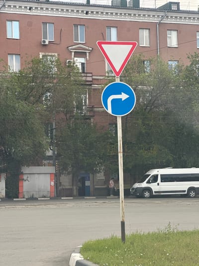 A vertical, medium shot captures a street scene in Orsk, Russia, featuring traffic signs, a building, trees, and a white van. In the foreground, a metal pole supports two circular traffic signs. The upper sign is a red-bordered inverted triangle, indicating "Give Way" (or "Yield"). Below it, a blue circular sign displays a white arrow pointing to the right, signifying a mandatory right turn.
Behind the signs, a multi-story brick building with numerous windows and air conditioning units is visible. Trees with green foliage partially obscure the lower sections of the building. To the right of the building, a white van is parked on the street. A lone pedestrian, a woman wearing a light-colored top and pants, stands near a bus stop, holding a bag. The street in front of the building is paved, with grass and wildflowers growing along the curb in the lower right corner of the frame. The overall lighting suggests an overcast day.