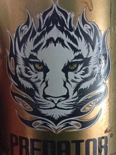 The image displays a close-up of a product label, likely on a can or bottle, characterized by a metallic gold or bronze background. The central and dominant feature is a highly stylized graphic of a tiger's head, facing directly forward. The tiger's fur is depicted in white, with prominent black stripes and markings defining its features. Its eyes are a striking yellow or gold, adding intensity to its gaze.

The design around the tiger's head and mane is particularly notable, featuring dynamic, flame-like or tribal-style black and gold elements that create a sense of movement and aggression, extending upwards and outwards from the face. These fiery patterns surround the white face, giving it a fierce, almost mythical appearance. The nose and mouth area are also detailed with black lines on the white background, and black lines delineate the whiskers and other facial contours.

Below the tiger graphic, the word "PREDATOR" is clearly visible in a bold, sans-serif black font. The letters appear to have a subtle gold or light-colored outline or shadow, making them stand out against the metallic background.

The golden background of the container shows some reflections and appears to have condensation or water droplets on its surface, suggesting it might be a cold beverage container. There are also a few minor scratches or scuff marks visible on the label, particularly across the tiger's forehead and just above its snout, as well as on the golden surface itself. The overall aesthetic is one of power and energy.