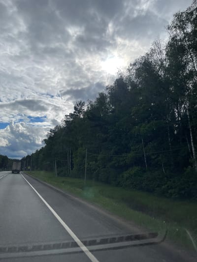 The image depicts a road running alongside a forest, presumably in the vicinity of Semyonovskoye, Russia. The road is asphalt, with a white painted dividing line visible. The forest consists primarily of trees with dense foliage. The sky is partly cloudy with a bright sun partially obscured by the clouds. The viewpoint is from within a vehicle, likely driving on the road.