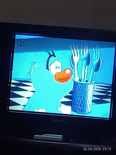 The media file displays a television screen showing a cartoon. The main subject is a cartoon character that appears to be a blue creature with large eyes and an orange nose. The character is positioned on the left side of the screen, facing right. Behind the character, a collection of forks and spoons is held upright in a blue, diamond-patterned container. The background features a checkered pattern on the floor and a plain blue wall. The scene is brightly lit, consistent with an indoor setting.

Visible text on the screen includes "SAMSUNG" towards the bottom center, indicating the television brand. In the lower right corner of the image, overlaid text reads "25.06.2026 23:13", which appears to be a timestamp, suggesting the image was captured on June 25, 2026, at 11:13 PM. There is also a small, possibly faded logo or icon in the top left corner of the screen.

The overall mood conveyed by the cartoon is cheerful and lighthearted, with bright colors and a whimsical character. There are no direct cues about the weather or specific location beyond the implied indoor setting of watching television in Bolhrad, Ukraine. The activity taking place is the broadcast of a cartoon program.