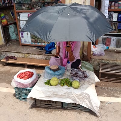 A vendor sits behind a makeshift stall in Oxel, India, shaded by a grey umbrella. The stall is covered in a white cloth and is supported by plastic crates. On the stall are bags of red petals, small brown seeds, two light green pomelos, green beans, and packaged brown food. Behind the vendor are shelves displaying various items. A bench with two pairs of flip-flops is to the left of the stall, and a metal bench is to the right.