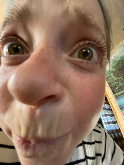 This is a close-up, Dutch angle, low-angle, eye-level, horizontal shot of a person's face. The subject is a person with light skin and freckles. The visible features include one eye, part of the nose, and the mouth area. The eye is open and has light brown irises with dark pupils. The eyelashes are dark and prominent. The nose appears to be small with visible pores and light coloration. The mouth area shows a slight smile or pursed lips, with the lower lip appearing slightly redder than the surrounding skin. The background is blurred, but hints of what appears to be a framed picture with foliage and a body of water can be seen. To the right, striped fabric, possibly clothing, is visible. The lighting suggests an indoor setting, possibly with natural light entering from the right. No specific time of day or weather conditions are discernible. The overall tone of the image is casual and personal, focusing on a facial close-up. There is no visible text in the image. The location context of Nova Praha, Ukraine, does not provide any specific visual cues within the image itself.