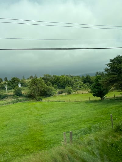 This is a photograph of a landscape in Bedlam, Ireland. The image is oriented vertically, with the top of the frame on the left. The scene features a contrast between a dark, stormy sky on the left and a bright, grassy field on the right. Several power lines stretch vertically across the left side of the frame, dividing the sky from the land.

The land on the right is a vibrant green, consisting of a well-maintained pasture with scattered wooden fence posts. The grass appears tall and somewhat windswept, suggesting a breezy day. In the mid-ground, a line of lush green trees separates the grassy field from the stormy sky. A power pole with electrical equipment is visible among the trees. Further into the distance, the sky darkens significantly, indicating approaching rain or a storm.

The time of day is not clearly discernible due to the overcast and stormy conditions. The weather appears to be unsettled, with a storm looming in the distance. The setting is rural, characterized by open fields, trees, and essential infrastructure like power lines and poles. There is no visible text in the image. The overall mood of the image is one of transition, with the pleasant, sunlit field giving way to the dramatic atmosphere of an impending storm.