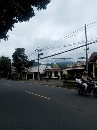 A street scene shows a motorcyclist driving on a dark asphalt road with a yellow line. Buildings line the roadside, including one with a green dome. Mountains are visible in the background under a cloudy sky. Power lines stretch across the sky above the buildings. A tree with dark leaves is in the upper left corner.