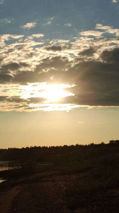 The image displays a natural landscape at either sunrise or sunset, located near Шолья, Russia. The upper two-thirds of the frame are dominated by a sky exhibiting varying light conditions. The uppermost portion shows a pale blue sky with scattered white cumulus clouds. Below this, the sky transitions to a warmer, golden-orange hue, intensifying around a brilliant, partially obscured sun situated in the upper-middle left. Dense, dark grey stratocumulus clouds surround the sun, with their edges illuminated by strong backlighting, creating bright highlights and sunbeams.
The lower third of the image is a dark silhouette. A distinct, uneven band of trees and dense vegetation forms the horizon line across the mid-ground. To the far left in the foreground, a body of water, likely a river or lake, is visible, reflecting subtle light from the sky and showing ripples on its surface. The immediate foreground consists of dark, uneven ground, possibly a dirt path or shoreline, with scattered small stones and sparse, indistinct vegetation. No identifiable people, animals, or specific actions are discernible within the frame.
