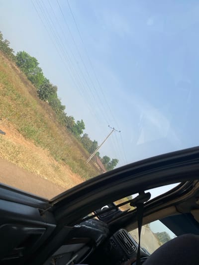 A view from inside a car shows a rural landscape. Dry, brown vegetation and scattered trees line the roadside. A utility pole with power lines is visible. The sky is pale blue. The car's interior, including the seatbelt mechanism, a bit of the dashboard, and seat upholstery, are in focus. A building is seen in the distance.