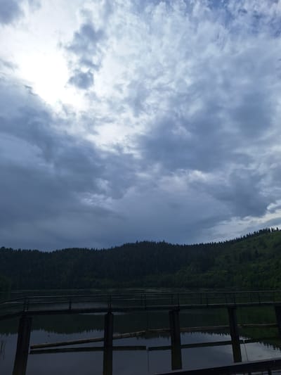 This image depicts a lake with a wooden walkway or bridge in the foreground. The lake is surrounded by a dense, dark green forest that covers the hills in the background. The sky above is overcast with dramatic, heavy grey clouds, with a brighter patch suggesting the sun is hidden behind them. The water in the lake is calm and reflects the trees and the sky. There are no people visible in the image. The scene conveys a sense of natural beauty and perhaps a touch of melancholy due to the cloudy weather.
This image is likely taken in the city of Sim, Russia, a region known for its natural landscapes and bodies of water.