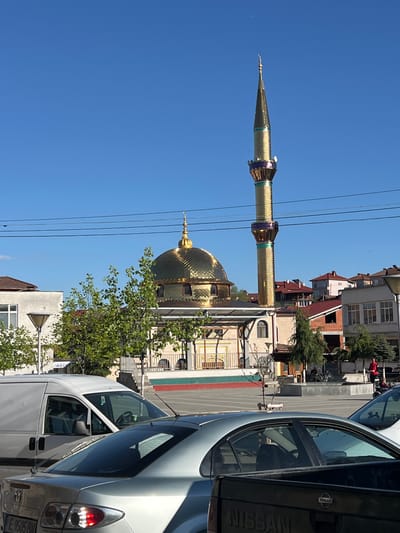 The image shows the Golden Mosque in the city of Breznitsa, Bulgaria. The mosque's golden dome and minaret are prominently visible against a clear blue sky. Power lines run across the top left portion of the frame. Buildings of varying heights and colors surround the mosque. Parked cars, including a Nissan, are visible in the foreground. Green trees and vegetation are also present. The scene appears to be captured during the day, likely in the morning or afternoon, given the light.