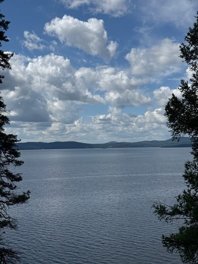 The image shows a scene of a body of water, likely a lake or sea, with a dramatic sky full of clouds. The water occupies the right side of the frame, appearing calm with subtle ripples reflecting the light. On the left, the sky is a vibrant blue, punctuated by large, puffy white clouds and some wispy formations. A dark silhouette of trees frames the top and bottom edges of the image, with branches and foliage creating a natural border. In the distance, a faint outline of hills or mountains can be seen along the horizon where the water meets the sky. The lighting suggests it is daytime, possibly late afternoon or early morning, given the soft but bright illumination. The overall mood is serene and natural, evoking a sense of peaceful contemplation. There is no visible text in the image.