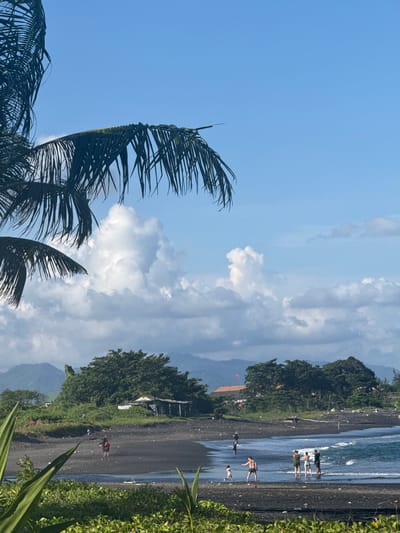 A vibrant beach scene in Medahan, Indonesia is captured under a partly cloudy sky. The black sand beach stretches along the coastline, where several people are wading in the surf or walking along the shore. Lush green vegetation lines the edge of the beach. Palm fronds frame the scene on one side, adding a tropical element. In the background, a mountain range is visible.