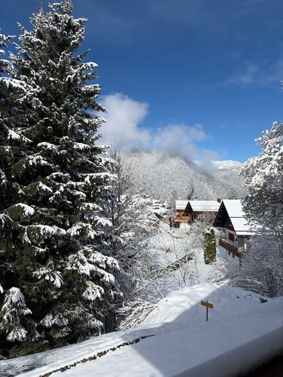 The image presents a snow-laden winter landscape in La Clusaz, France, under a clear blue sky with scattered white clouds. The foreground consists of a snow-covered surface, possibly a retaining wall or balcony edge, casting a distinct shadow. A yellow directional sign with black text, partially legible as "SENTIER DR...", is positioned in the snow on the lower right. The midground depicts a sloping terrain with numerous snow-covered trees, including a prominent evergreen conifer on the left. Several chalet-style houses are visible, featuring pitched roofs heavily coated with snow. One house exhibits light wooden siding, while another has white walls with dark brown trim. In the background, forested mountains, also covered in snow, recede into the distance, with some upper sections partially obscured by mist or clouds. No individuals, animals, vehicles, or active subjects are discernible within the frame.