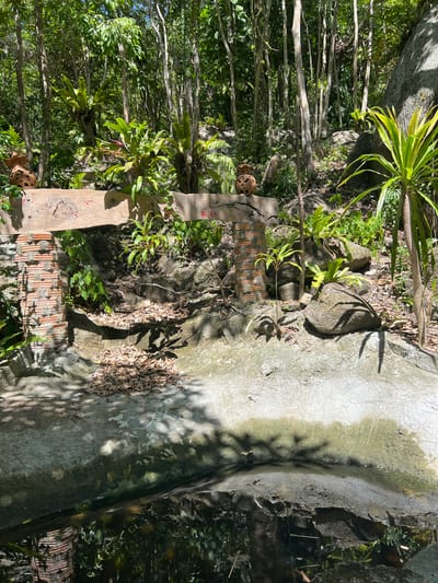 The image depicts an outdoor scene in Baan Nok Sai, Thailand, featuring a lush, verdant environment with dense foliage and trees. In the foreground, a body of water with a rough concrete edge reflects the surrounding greenery and the sky. To the left of the water is a structure constructed from rough-hewn wooden beams and reddish-brown brickwork, forming a rustic archway or support. On the wooden beam of this structure, two decorative, patterned clay pots are visible, one on each side.
Behind the wooden and brick structure, the terrain rises, characterized by rocks, smaller plants, and fallen leaves. The background is dominated by a dense forest with numerous trees, creating a natural, untouched setting. Sunlight filters through the leaves, casting dappled shadows on the ground and the water's surface. The overall impression is one of a natural, somewhat wild, and tranquil location within a tropical landscape.