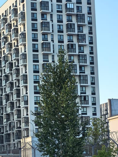 In Misaylovo, Russia, a tall, modern residential building with a white facade and numerous dark-framed windows and balconies is pictured against a clear blue sky. A lush green tree with dense foliage stands prominently in the foreground, partially obscuring the building. In front of the tree and building, a metal fence topped with barbed wire is visible, suggesting a secured area. The overall scene depicts an urban environment with residential architecture and natural elements.