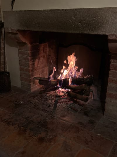 A roaring fire burns inside a brick fireplace. Flames dance around stacked firewood held by a metal grate. The fireplace walls are aged brick, and the hearth is tiled in dark, patterned brick. The left side of the fireplace is a rough stone facade. A black metal firewood holder sits partially visible at the bottom of the frame. The scene is dimly lit, emphasizing the fire's glow.