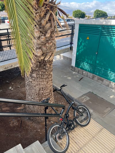 The scene depicts an outdoor urban environment in La Unión, Spain, under clear daylight with visible shadows. A large palm tree with a textured, fibrous trunk and green fronds occupies the left side of the frame. Leaning against a dark gray metal handrail, positioned between the palm tree and a concrete stairway, is a black folding bicycle. The bicycle features small wheels, a red taillight on the seat post, and a visible chain and crankset.
To the right of the palm tree stands a small, white utility building with two closed dark green metal doors. The left door bears a yellow triangular hazard symbol with a black lightning bolt, indicating electrical danger. The right door is secured by a silver padlock. The ground directly in front of the utility building and extending to the bicycle is paved with light gray square concrete slabs. A dark, elongated object, possibly a piece of wood or metal, approximately 30-40 cm in length and tapered at one end, lies flat on these paving stones near the utility building. Two dark gray metal manhole covers are set into the pavement, one of which is embossed with "Unalco BT". Yellow tactile paving with parallel raised lines is present on the path.
Around the base of the palm tree, the ground is a patch of dark brown dirt with scattered small rocks. Beyond a black metal mesh fence in the background, parked cars are visible. In the distant background, under a partly cloudy blue sky, lie several hills or mountains dotted with green trees and multiple white wind turbines, alongside streetlights. No individuals are present in the scene, and no active movement is observed.
