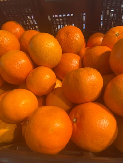 A close-up, overhead shot shows a dark plastic bin filled with ripe, vibrant oranges. The fruits are tightly packed, with their textured skins catching the light, creating subtle highlights and shadows that emphasize their roundness. The bin appears to be a display at a fruit stand or market. The background is dark and out of focus, with some hint of more oranges stacked behind the primary group. The overall impression is one of abundance and freshness. The image is set in Johannesburg, South Africa.