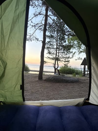 This media file captures a serene view from inside a tent, looking out onto a tranquil landscape, likely at Zerendi, Kazakhstan. The scene suggests either early morning or late evening due to the soft, diffused light and the gradient of colors in the sky, ranging from light blue to pale orange and pink near the horizon over the water.
In the foreground, elements of the camping setup are visible: the olive-green fabric of the tent frames the view, and a dark blue padded sleeping pad or mattress occupies the right side of the frame, indicating the user's perspective from within the tent.
Beyond the tent's opening, the ground immediately outside is covered in dry, dark vegetation, possibly pine needles or dry grass. A prominent tree, likely a pine, with a dark trunk and sparse branches, stands in the left midground, its foliage silhouetted against the sky. Further out, a calm body of water, probably Zerendi Lake, reflects the soft light of the sky. The opposite bank features more sparse trees and bushes, and a small, dark-roofed structure is discernible in the distance, possibly a small cabin or boathouse with a visible support structure or stairs. The overall atmosphere conveyed is peaceful and natural, highlighting a moment of quiet contemplation during a camping trip. No visible text is present in the image.