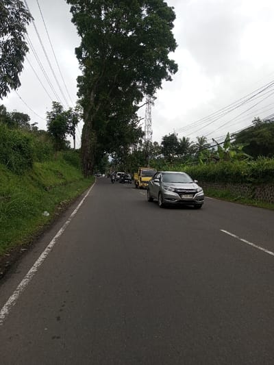 The scene depicts a two-lane asphalt road in Kodarapalli, India, under an overcast sky. A silver Honda HR-V, bearing license plate F 7636 KKK, is prominently positioned in the right lane, facing the viewer. Behind it, a yellow flatbed truck and several motorbikes are observed moving away from the viewer. The road features a solid white line on its left edge and a broken white line further right, indicating traffic lanes.
To the immediate left of the road, a steeply rising embankment is covered in dense green grass and various shrubs. Further left, a towering, mature tree with a thick canopy dominates the landscape, stretching high into the frame. Multiple power lines are visible, running parallel to the road and supported by utility poles partially obscured by foliage.
On the right side of the road beyond the vehicles, a low stone wall is visible, topped with thick green bushes and other vegetation, including what appears to be banana trees. In the mid-distance, a tall, grey cellular tower with a lattice structure rises above the trees. No distinct individuals are discernible on foot within the visible area.