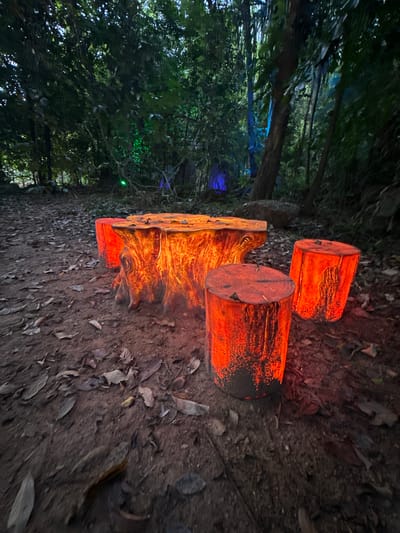 An outdoor scene at night in a forested area of Baan Lipa Noi, Thailand, features a seating arrangement consisting of a table and four stools, all designed to resemble illuminated tree stumps. The central table is a large, hollowed-out stump with a rough, textured surface, glowing with an intense orange and red light from within. Surrounding the table are three cylindrical stools, also made to look like illuminated tree stumps, with similar rough textures and glowing orange-red interiors. The ground around the seating area is covered in dark soil and scattered dry leaves. In the background, the dense foliage of a forest is visible, with trees casting shadows. Faint, colorful lights, appearing as green and blue glows, are present deeper within the woods, suggesting artificial lighting or a light installation. The overall atmosphere is dark and mysterious, with the illuminated stumps serving as the primary focal point. There are no people or animals visible in the image.