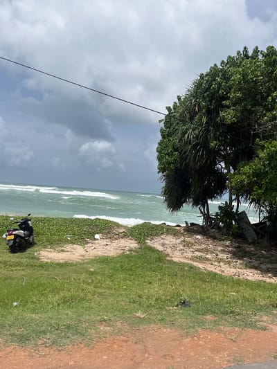 A motorcycle is parked on a grassy area next to a beach in Midigama, Sri Lanka. The ocean is visible in the background, with waves rolling towards the shore. A large tree with dense foliage stands to the right of the image, casting shadows on the sandy ground. The sky is cloudy, and a power line stretches across the top of the frame. The scene appears to be a quiet, natural setting with signs of human presence.