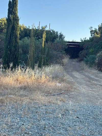 This media file depicts an outdoor scene with a clear blue sky, suggesting a sunny day. The image is oriented vertically, with the horizon line appearing towards the left side of the frame. The foreground is dominated by dry, yellowish-brown vegetation and a gravelly path on the right. This path leads upwards into a densely vegetated area on the left, characterized by lush green trees and foliage.
Further into the scene, there is a dark opening surrounded by trees, which appears to be an entrance to a tunnel or an underpass. Above this dark opening, a section of a structure with horizontal beams is visible, possibly part of a bridge or an overhead pathway. In the distance, two vertical wooden posts stand out against the sky, protruding from the treeline.
The presence of dry vegetation and gravel suggests a dry, possibly arid or Mediterranean climate, consistent with the provided location context of Parekklisia Community, Cyprus. The lighting indicates it is likely daytime, with the sun casting shadows and highlighting the textures of the gravel and dry grass. There is no visible text in the image, and no people or specific activities are evident. The overall impression is one of a natural, somewhat rugged landscape with man-made elements suggesting infrastructure.
