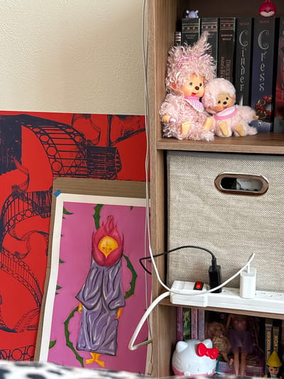 The image shows a section of a shelf filled with various items. On the top shelf, there is a stack of books on the left, with two pink, fuzzy dolls placed on top. Next to the books is a gray box with a metal handle, and on the right, there are more books, Barbie dolls, and a Hello Kitty figure. An extension cord is plugged in near the box.
Below the shelf, there is a portion of a wall with two posters attached. The poster on the left features a red background with a dark blue image of a building and arched bridge. The poster on the right is a portrait with a pink background and a figure in purple clothing.