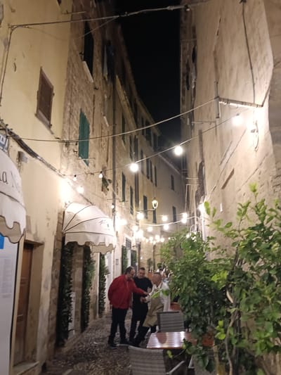 The image depicts a narrow street scene at night in Alghero, Italy. String lights illuminate the cobblestone street, which is lined with buildings of pale yellow and beige stone. Several people are present. In the foreground, two men are engaged in conversation, with one wearing a red jacket and the other a dark jacket. Further down the street, other individuals are visible, some appearing to be patrons of outdoor seating areas. Greenery, including potted plants and ivy, adorns the walls and the cafe seating. Awnings extend from the buildings, providing shelter for outdoor dining spaces. The overall atmosphere suggests a lively evening in a historic urban setting.