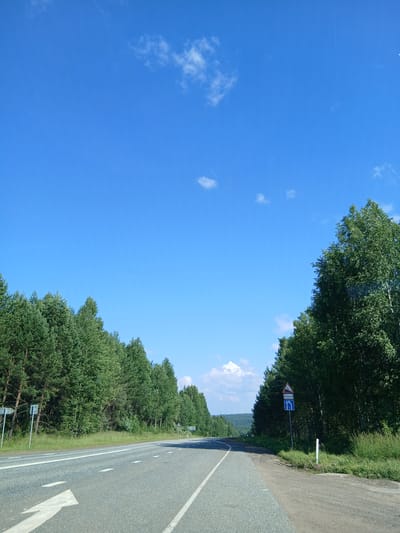 This is an eye-level, full shot of a two-lane asphalt road in the daylight. The road curves slightly to the left and is bordered by a line of evergreen trees on the left and a dense forest of deciduous trees on the right. The sky is a clear blue with scattered white clouds. There are two road signs on the right side of the road; one depicts a steep incline, and the other indicates a lane merge. The scene is located in the village of Bolshaya Usa, Russia.