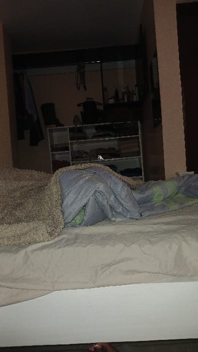 A bedroom scene includes a bed with a light beige sheet and a grey and green patterned comforter. The headboard is covered in brown shag carpet. Behind the bed is a walk-in closet with open shelving. The wall to the right is painted white. An out-of-focus reflection can be seen in the mirrored door.