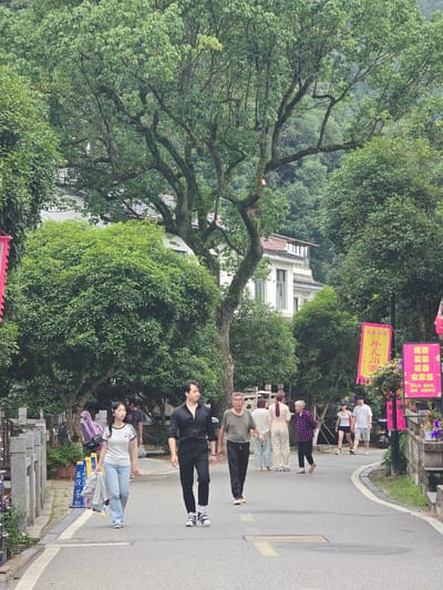 In the Xihu District of China, a tree-lined paved road runs through a lush green environment, suggesting a park or residential area. Several people are walking on the road and along the sides. In the foreground, a man in a black shirt and black pants, with white sneakers, walks towards the right. To his left, a young woman in a white t-shirt with black stripes on the sleeves and light blue jeans walks with a jacket draped over her arm. Further down the road, an older man in a green t-shirt and black pants walks left. Behind him, several other individuals are visible, including a woman in a pink shirt and cream pants, and an older woman in a plaid shirt. In the background, a multi-story building with white walls and a red-tiled roof is partially visible, surrounded by dense green trees. Several red and yellow banners with Chinese characters are hanging from lampposts, advertising local businesses or events. The scene is characterized by abundant foliage, indicating a natural or well-maintained outdoor setting within the district.