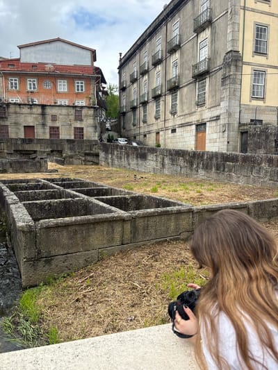 The image is of a scene in Guimarães, Portugal, featuring a woman taking a photo of a historical site. The site appears to be a series of stone troughs or basins, possibly old washing tanks, arranged in rows. The foreground shows the troughs filled with dry grass and some green vegetation. The woman is partially visible on the right side of the frame, with her head down and hands holding a black camera. The background consists of traditional buildings with multiple windows and architectural details, typical of the old European city. The weather seems overcast, with a cloudy sky. The image's perspective is slightly angled.