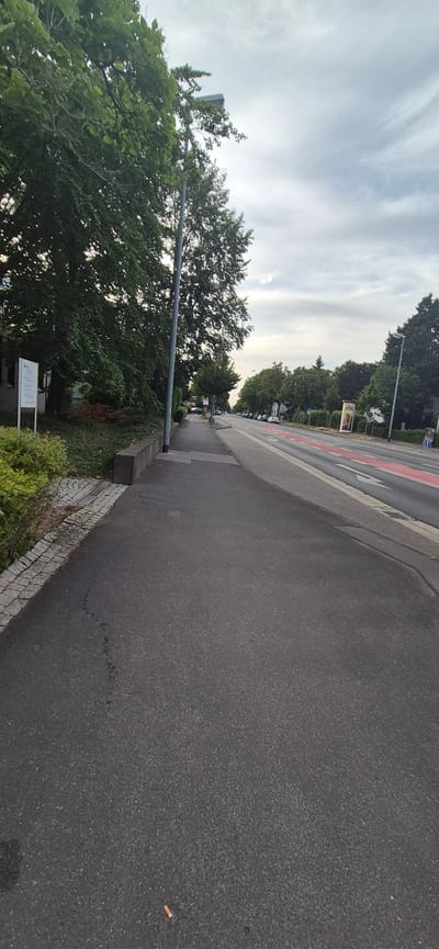 This is a vertical, eye-level, slightly angled, full shot of a sidewalk adjacent to a street in Mainz, Germany. The sidewalk is paved with dark asphalt. A light-colored curb with a cobblestone pattern lines the left edge of the sidewalk. Behind the curb, lush green bushes and trees are visible, with a low, dark-colored concrete planter box extending along the sidewalk. A street light on a tall pole stands on the sidewalk, partially obscured by the trees.
The street itself is a multi-lane road with a dedicated bike lane marked with red asphalt and white arrows. Several cars are parked along the right side of the street, some appearing to be in a parking lot. The road stretches into the distance, lined with trees and buildings on either side. The sky is overcast with gray clouds. The overall scene appears to be an urban environment on a cloudy day. There are no people visible in the frame.