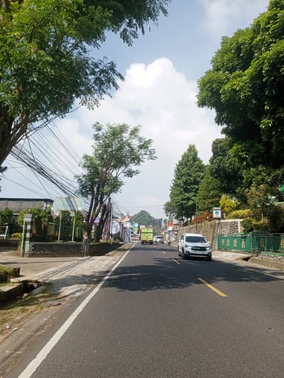 The image depicts a sunny day on a road lined with lush green trees. The road is paved and appears to be a well-traveled route, evidenced by the presence of multiple vehicles. On the left side of the road, there are buildings and a distinctive stone wall with a green metal fence. Several electrical wires are strung across the sky, supported by poles. On the right side of the road, more trees and a stone wall with a decorative green fence are visible. The sky is a bright blue with fluffy white clouds. In the foreground, the road surface is clearly visible, with a white line marking the edge and a yellow line indicating the center. A silver SUV is driving in the right lane, and a truck is visible in the distance on the left lane. The overall impression is of a peaceful, semi-urban environment with a strong presence of nature.