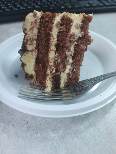 A slice of chocolate and cream cake sits on a white plastic plate, with a decorative silver fork resting on the right side of the plate, partially under the cake. The cake has layers of dark chocolate cake and a light-colored cream filling. The background shows a blurred keyboard and a grey speckled surface, possibly a desk. The image is cropped to focus on the cake and fork. The scene is likely indoors, on a desk, in the city of Mikhnevo, Russia, though no explicit indicators of location are visible.