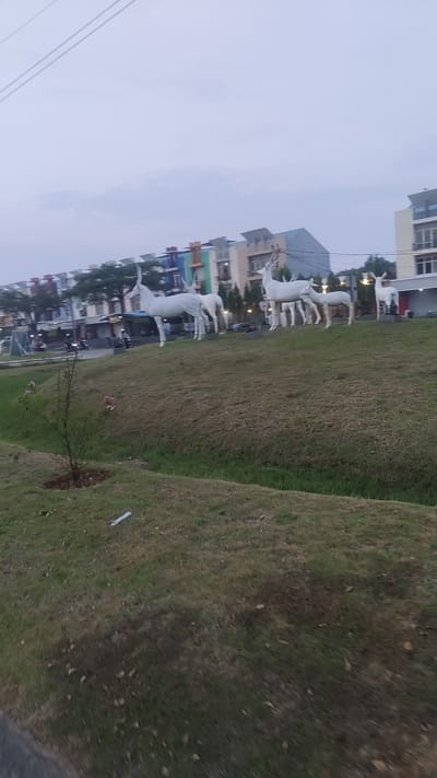 The image depicts a street scene in Pusakarakyat, Indonesia, under an overcast sky. In the background, a row of multi-story buildings with colorful facades stands out. In front of these buildings, on a grassy hill, are several white statues of deer. Some of these deer appear to be adults, while others are smaller, suggesting a family grouping. The foreground features a sloped lawn with sparse grass and a small, bare-branched shrub with a few pink flowers. A dark, paved surface, likely a road, is visible in the lower left corner of the frame. A few motorcycles are present on the road, suggesting light traffic. The overall impression is of an urban environment with decorative elements.