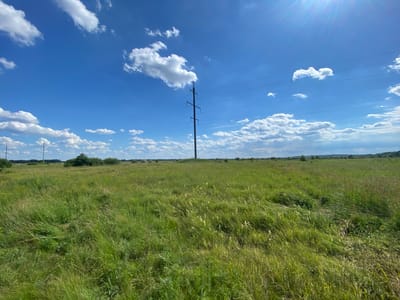 A wide-angle, eye-level, full shot captures a bright, sunny day over a grassy field in Matiashivka, Ukraine. The sky is a vibrant blue, dotted with fluffy white clouds. A solitary, dark electrical tower stands tall in the middle ground, supporting multiple parallel wires that stretch across the frame. The field is covered in tall, green grass, with some yellowing stalks and scattered wildflowers visible. In the distance, the horizon is lined with a few trees and bushes, with more of the electrical transmission line visible. The sun glints brightly in the upper right corner of the image, creating lens flare. There are no people or animals visible in the scene.