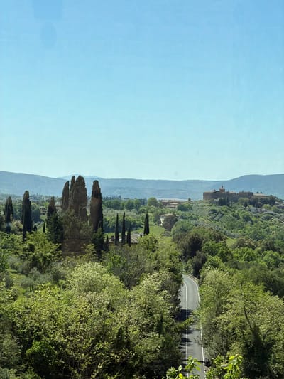 This image showcases a picturesque landscape near Siena, Italy, featuring a winding road cutting through lush green vegetation. In the distance, a hazy mountain range meets a clear blue sky. The scene is characterized by a serene blend of natural beauty and subtle human elements, such as the road and distant buildings. The location is likely in the countryside surrounding Siena, known for its rolling hills and cypress trees.