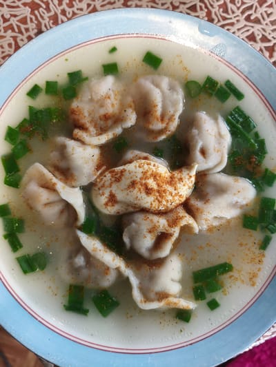 A close-up overhead shot shows a bowl of soup with dumplings and chopped scallions, sprinkled with a reddish-brown spice. The soup is in a light blue bowl with a thin red stripe around the rim. The background is a textured, reddish-brown surface with a white decorative pattern. The scene appears to be indoors, possibly a kitchen or dining area, in Dolzhikovo, Russia.