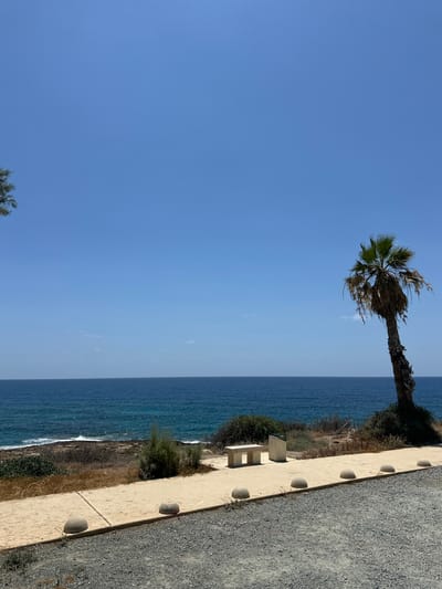 A wide-angle, eye-level, outdoor shot captures a clear, bright day in Kissonerga Community, Cyprus, featuring a tranquil coastline. The upper portion of the frame is dominated by an uninterrupted, vibrant blue sky. Below, the deep blue sea stretches horizontally, meeting the horizon under the expansive sky. Gentle waves lap at a rocky shore on the left side of the image.
In the mid-ground, a light-colored paved walkway runs parallel to the sea. To the left of the walkway, a sparse arrangement of dry grasses and low-lying green bushes dots the landscape. A single, weathered stone bench is placed on the walkway, accompanied by a light-colored, rectangular trash receptacle. To the right of the walkway, a lone palm tree stands, leaning slightly towards the sea, its fronds a lush green against the blue backdrop, while its trunk shows signs of age with dried fronds hanging down. Along the edge of the walkway, a line of spherical, light-gray bollards is visible.
The foreground is a rough, gray gravel surface, with a few stray weeds growing through it. The overall scene evokes a sense of peaceful seaside seclusion, typical of coastal areas in Cyprus. There are no people visible in the image.