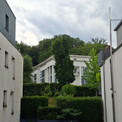 The image depicts an exterior view of modern residential buildings surrounded by lush greenery. The perspective is from a low angle, looking upwards and slightly to the side, with the scene rotated 90 degrees clockwise.
In the foreground, the top of a light-colored building is visible, featuring several rectangular openings or skylights. Above this, a dark, angled roof structure with a square opening is seen. Extending horizontally across the frame from the upper left is a white, cylindrical object mounted on a thin pole, possibly a light fixture or antenna.
The middle ground is dominated by a multi-story white building with numerous windows, some of which have blue accents. This building is partially obscured by dense, green foliage, including mature trees and meticulously trimmed hedges. A person with light skin and wearing a dark garment is visible on a balcony or elevated walkway of the white building, leaning over a railing.
The background consists of a steeply sloping hillside densely covered with trees. The sky above is overcast with gray clouds, suggesting a cloudy day. The overall impression is one of contemporary architecture integrated into a natural, wooded environment. The scene appears to be set during daylight hours, but the cloud cover creates a diffused light. There is no visible text in the image.