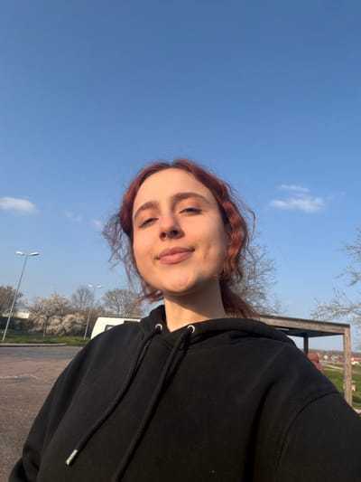 The image displays a young woman in Toul, France, under a clear blue sky with a singular white cloud visible in the upper right. She has reddish-brown, wavy hair and is wearing a black hooded sweatshirt with visible drawstrings and silver aglets. The woman looks directly at the camera with a slight smile, exhibiting dimples on both cheeks. Strong sunlight illuminates her face from the left side, creating highlights on her skin. In the background to her left, a paved surface resembling a parking lot is visible, along with two streetlights, trees (some with white blossoms), and a partially obscured light-colored vehicle or building. To her right, a wooden pergola-like structure is present, beyond which additional bare trees and distant buildings are discernible.
