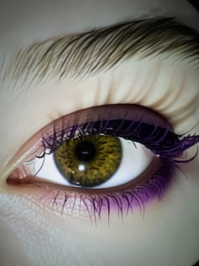 The image is a close-up of a human eye with makeup. The iris is a golden-green color. The eyelashes are long and appear to be coated in dark purple mascara, with some subtle pinkish-purple eyeshadow visible on the eyelid and lower lash line. The eyebrow above the eye is light brown and feathery. The skin has a smooth texture and is a pale tone. The overall impression is of a stylized or digitally rendered image, rather than a natural photograph, due to the precise application of makeup and the texture of the skin and lashes. There is no visible context that would indicate a location in the city of Dragoman, Bulgaria.