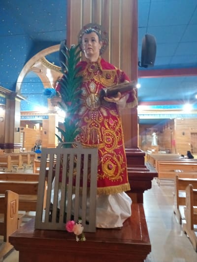 The image shows a statue of a saint inside a church, located in Pozo Almonte, Chile. The statue is adorned in a red and gold robe, holding a book in one hand and a palm branch with a blue rose in the other. It stands on a wooden base next to a grey rack decorated with pink and white flowers. The background shows rows of wooden pews, stained wood paneled walls, and other religious statues. The ceiling is blue with painted stars. A person is visible in the background near the entrance.