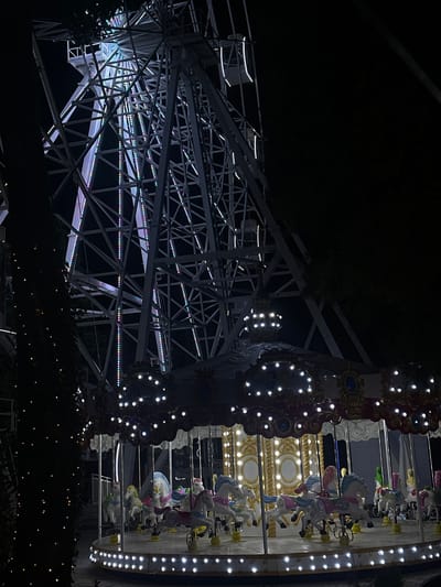 This media file shows a carousel with horses, illuminated by strings of white lights. The carousel is positioned vertically and appears to be part of a larger amusement park. In the background, a Ferris wheel with similar lighting is visible, also illuminated by strings of lights. The scene is set at night, with the dark sky providing a stark contrast to the bright lights of the attractions. The overall atmosphere is festive and lively, suggesting a nighttime amusement park experience. There are no people visible in the frame. The location cues, such as the Ferris wheel and carousel, are common to amusement parks. The time of day is clearly night, and the weather appears clear, allowing for the vibrant display of lights.