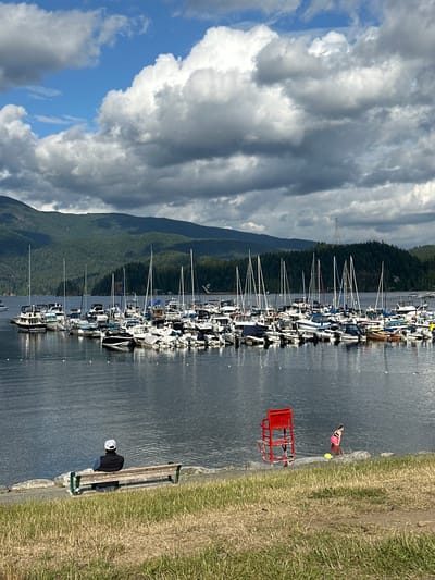 The image depicts a marina filled with numerous sailboats and motorboats docked in the foreground, with lush green mountains serving as a backdrop. The water is calm and reflects the boats and the sky. In the foreground, a person is seated on a park bench facing the water, wearing a dark vest over a blue shirt and a white baseball cap. To the right, a bright red lifeguard chair stands on the shore, and a person in pink shorts is wading in the water near the shore. The sky is partly cloudy with dramatic, dark clouds interspersed with patches of blue sky. The scene appears to be at a waterfront park or recreational area in the District of North Vancouver, Canada, likely on a summer day with variable weather.