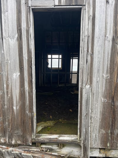 An eye-level view through a rectangular hole in weathered wood reveals an abandoned structure. Inside, two windows are visible; a larger upper window and a smaller lower window with partially broken glass. A gridded frame appears in front of the lower window. The ground below the opening is a mix of dark matter and moss-covered concrete. Weathered wood and broken elements frame the right side of the opening. The wood outside the opening is greyed and aged.