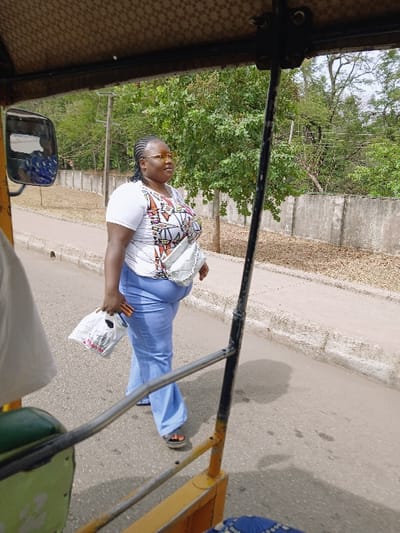 A forensic image captures an adult female walking on an asphalt road in Kwekwe, Zimbabwe, viewed from the interior of a vehicle, likely a motorized rickshaw. The woman, with dark skin and braided hair, wears a white short-sleeved top with a multicolored geometric pattern, light blue flared trousers, and dark sandals. She has light-colored eyeglasses and carries a white shoulder bag across her body. In her left hand, she holds a white plastic bag containing several orange-brown, cylindrical objects. Her head is turned slightly to the right, and she is in motion, with her left foot forward.
The foreground shows elements of the observing vehicle, including a tan checkered fabric roof lining, black metal support bars, a left-side mirror reflecting a person in a blue patterned shirt, and portions of green and blue seats.
The environment features a grey asphalt road with minor imperfections. Parallel to the road on the right is a grey concrete curb, behind which lies a narrow dirt strip. Further back, a weathered grey concrete boundary wall extends horizontally, bordered by a dense collection of green trees and bushes, indicating a vegetated area. The scene is illuminated by bright daylight, casting distinct shadows.