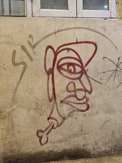 The image captures a close-up view of graffiti on a textured, beige-colored concrete wall. The graffiti is rendered in red spray paint and depicts a stylized, abstract face with a large, swirling eye and a protruding, bone-like appendage extending from the lower part of the face. Above and to the left of the face, faded brown spray paint forms the word "SIR" in a cursive font. To the right of the face, thin black lines form an abstract, starburst-like shape. The wall shows signs of wear and tear, with dark staining along the bottom edge. Above the wall, a section of a white-painted window frame with glass panes is visible. This scene is located in Kathmandu Metropolitan City, Nepal.
